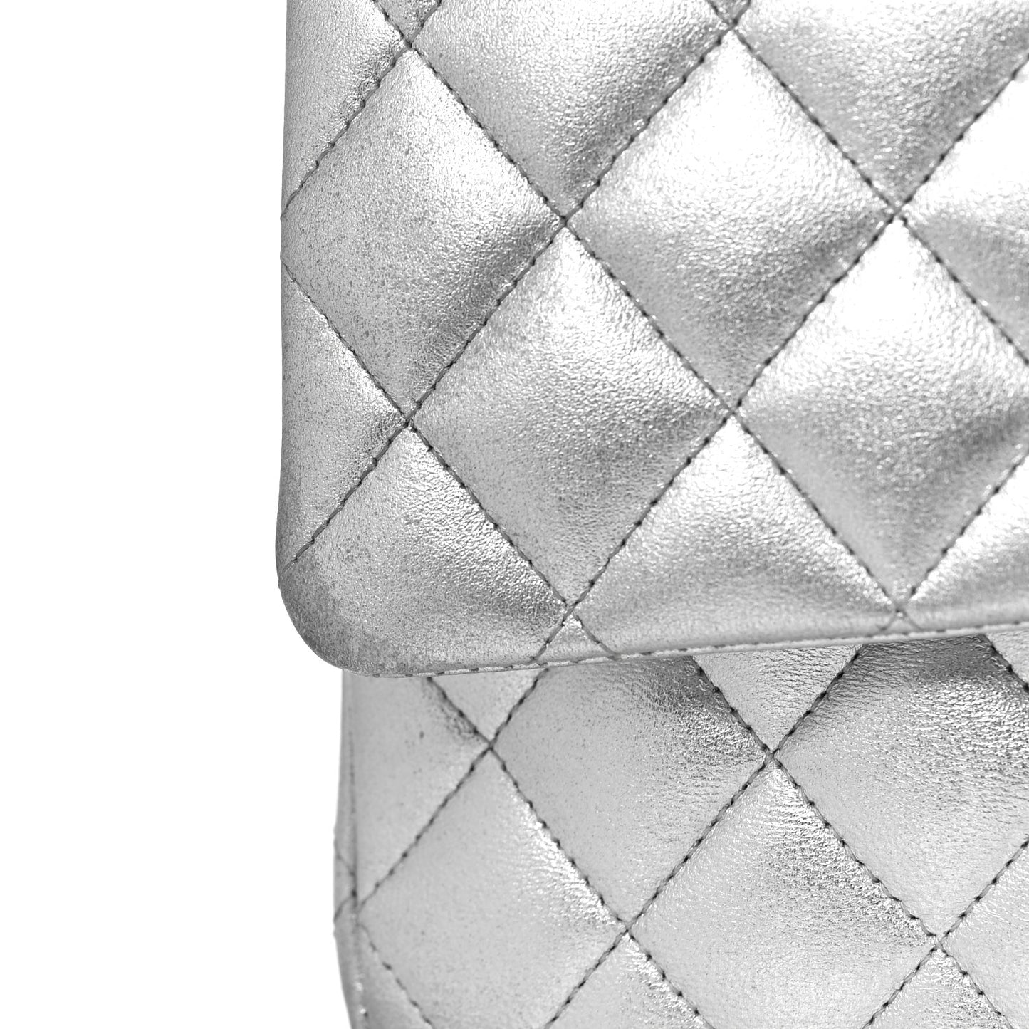 Metallic Lambskin Quilted Medium Double Flap Silver
