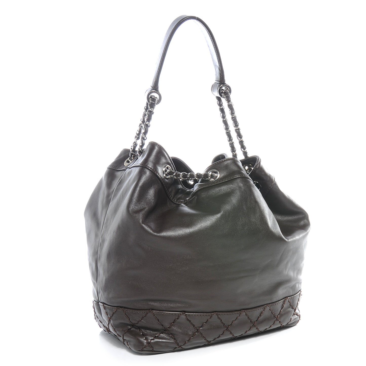 Calfskin Drawstring CC Bucket Bag Dark Brown