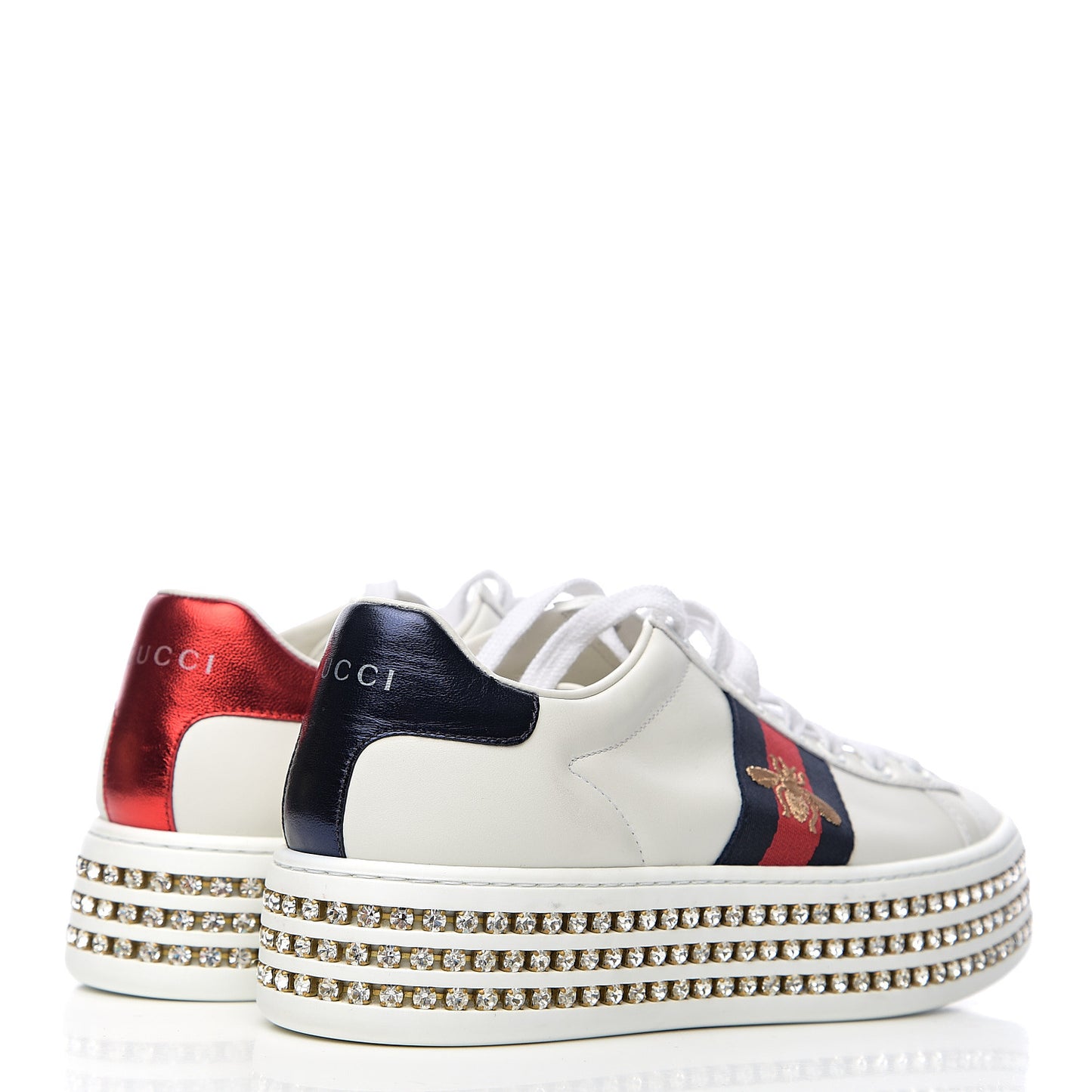 Calfskin Crystal Web Bee Embroidered Womens Ace Platform Sneakers 36 White
