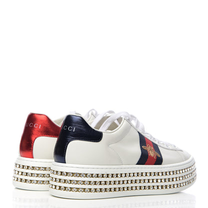 Gucci Calfskin Crystal Web Bee Embroidered Womens Ace Platform Sneakers 36 White 4 of 10