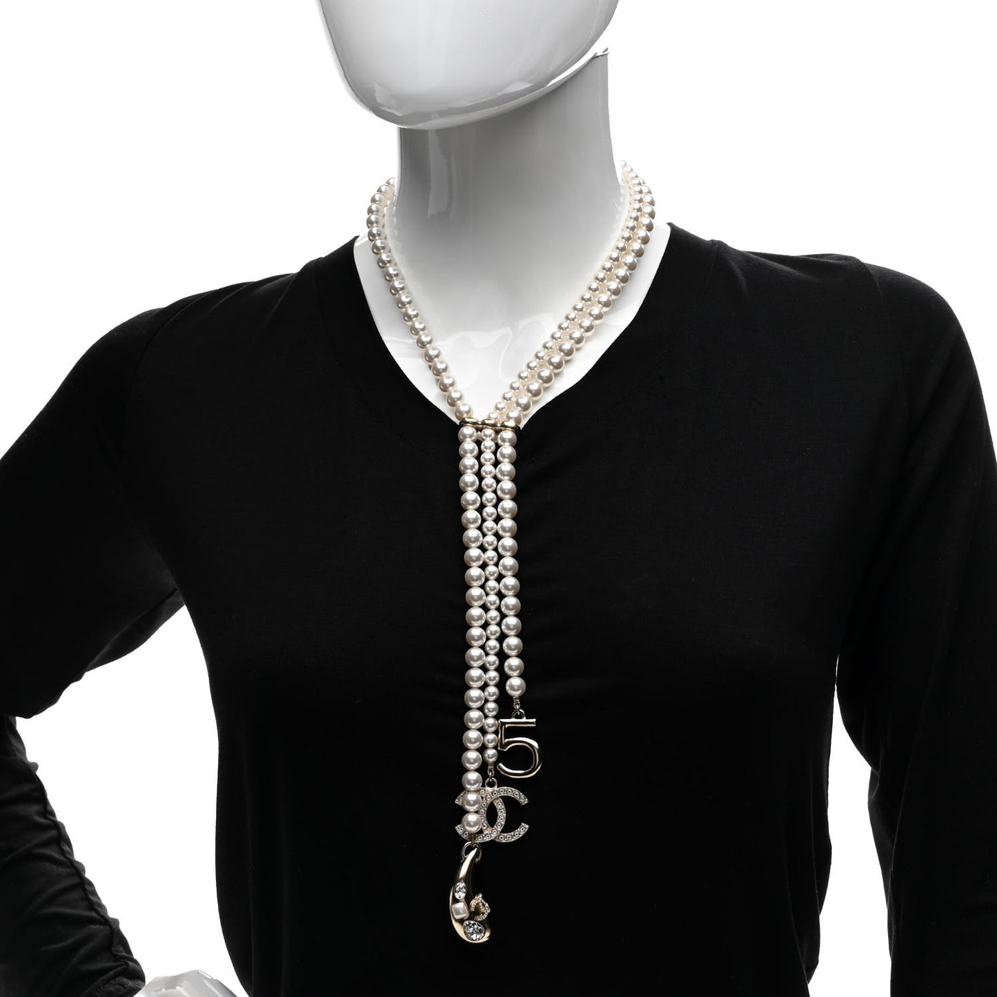 Pearl Beaded CC Charm Drop Multi Strand Lariat Necklace Pearly White Gold