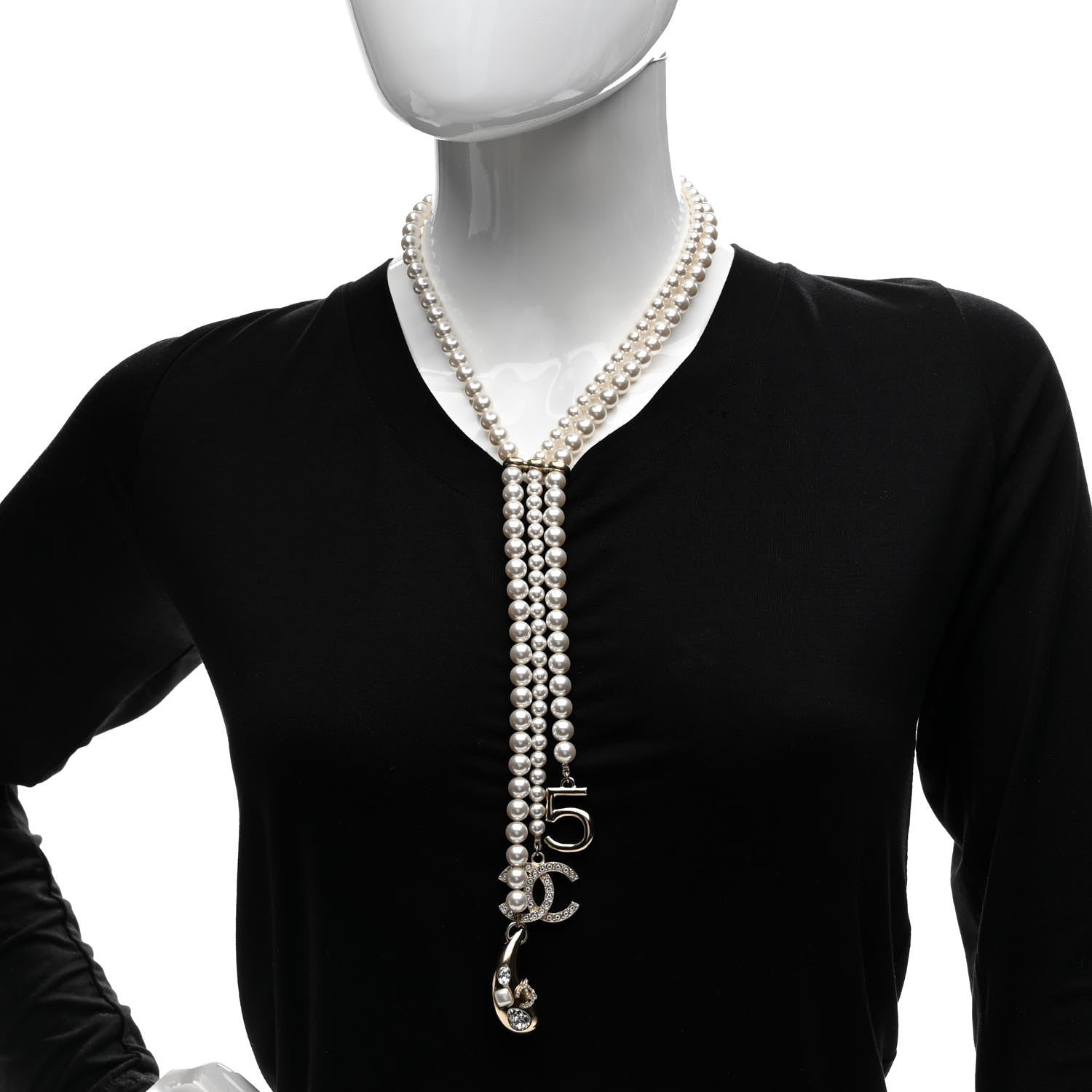 Chanel Pearl Beaded CC Charm Drop Multi Strand Lariat Necklace Pearly White Gold 2 of 6