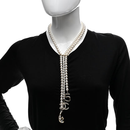 Chanel Pearl Beaded CC Charm Drop Multi Strand Lariat Necklace Pearly White Gold 2 of 6