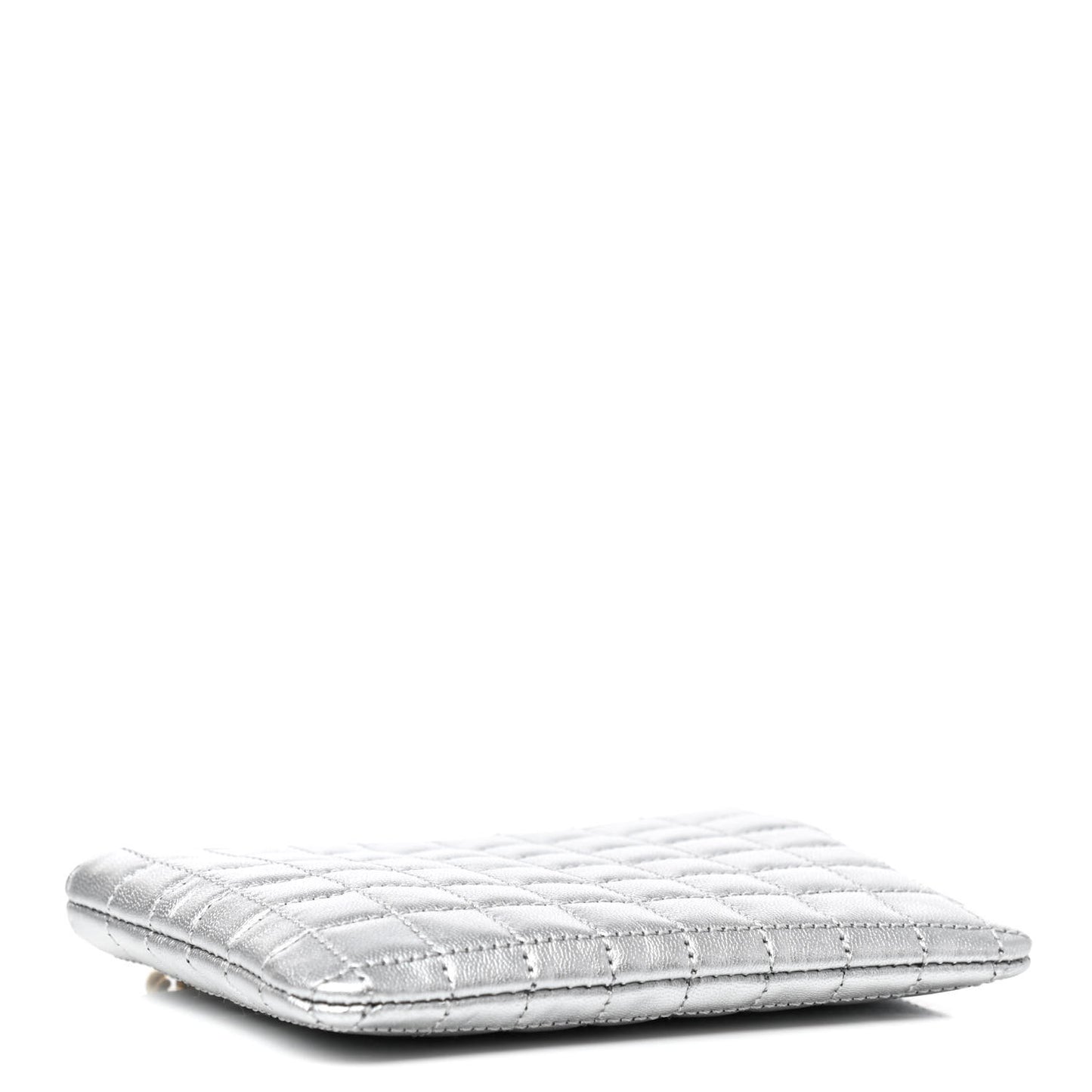 Laminated Calfskin Quilted C Charm Coin Card Pouch Silver