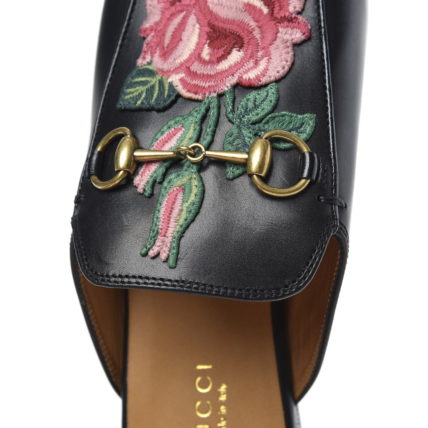 Calfskin Flower Embroidered Princetown Slippers 38.5 Black