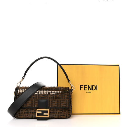 Fendi Fabric Jacquard Paillettes Vitello Seta FF 1974 Baguette Testa di Moro Real Ebano 12 of 12