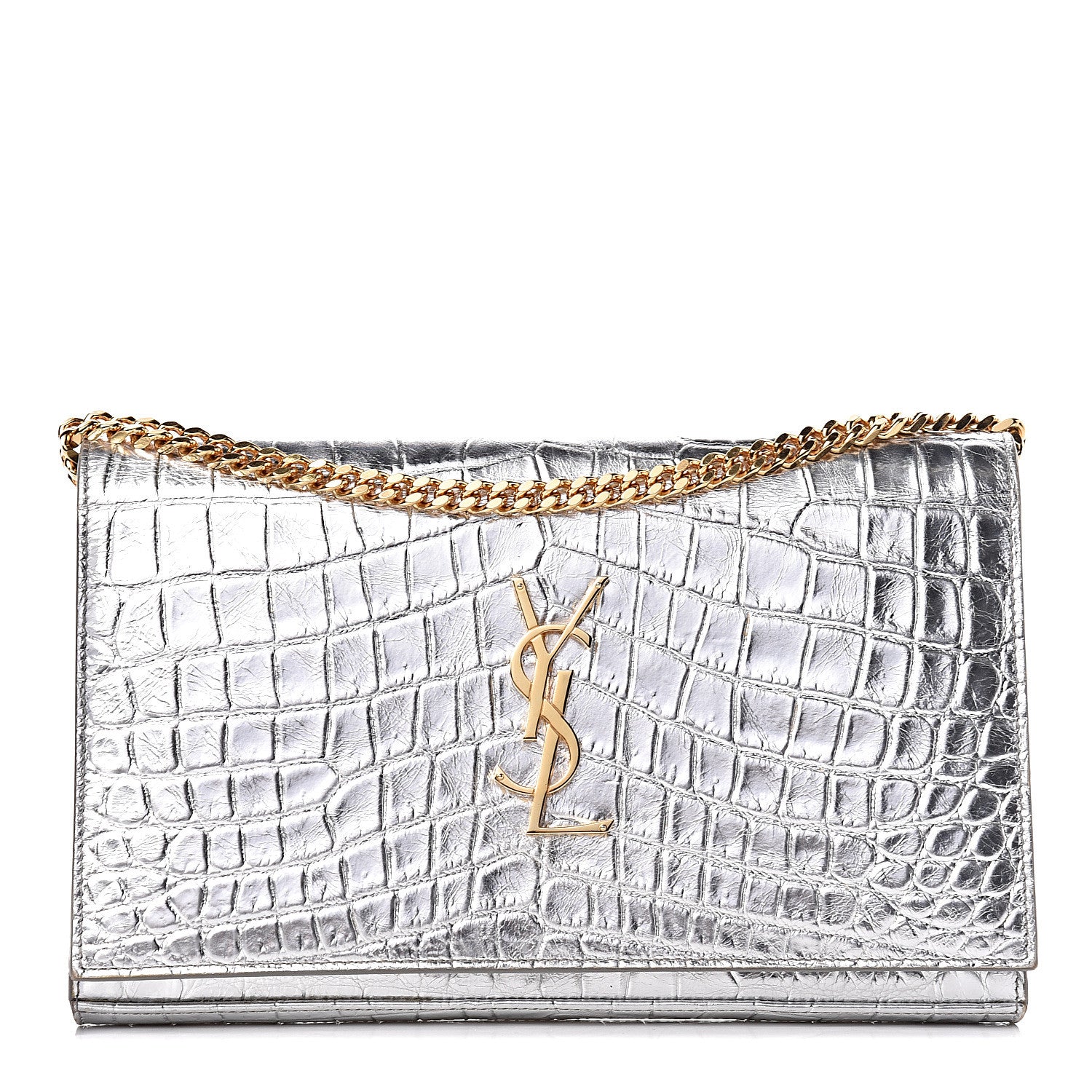 Saint Laurent Calfskin Crocodile Embossed Monogram Chain Wallet Argento 1 of 13