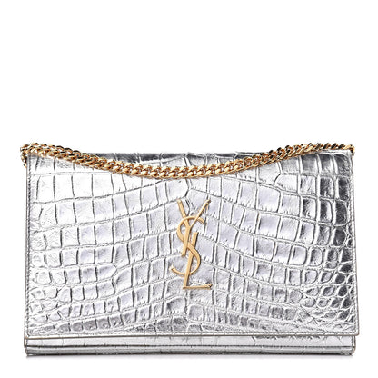 Saint Laurent Calfskin Crocodile Embossed Monogram Chain Wallet Argento 1 of 13