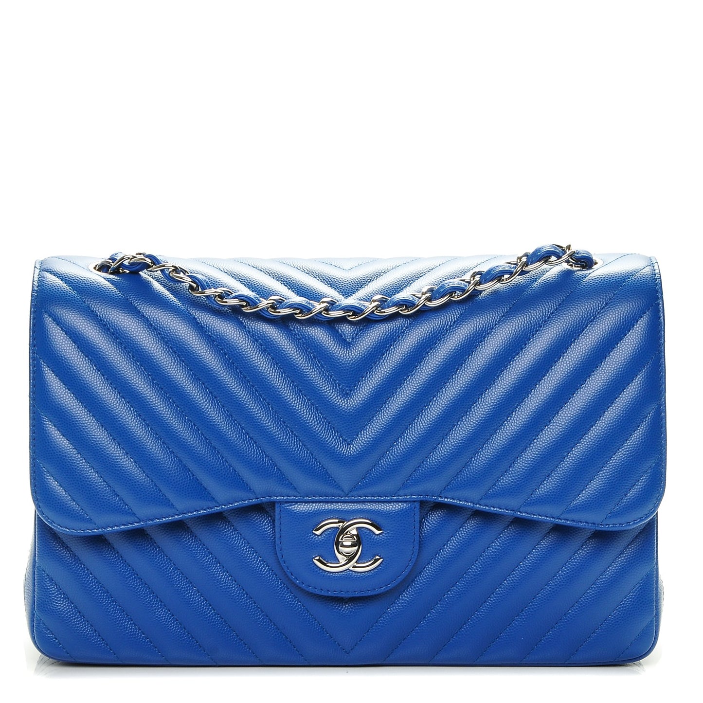 Caviar Chevron Quilted Jumbo Double Flap Bright Blue