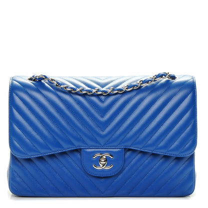 Chanel Caviar Chevron Quilted Jumbo Double Flap Bright Blue 1 of 7