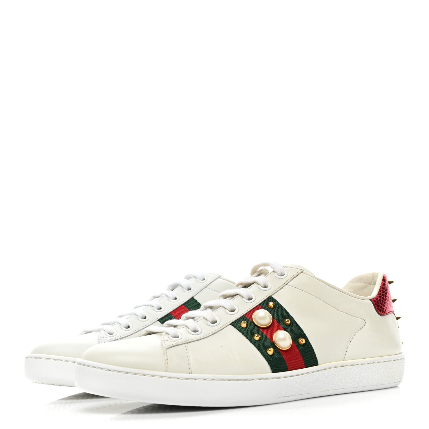 Gucci Calfskin Web Pearl Studded Womens Ace Sneakers 37.5 White 3 of 14
