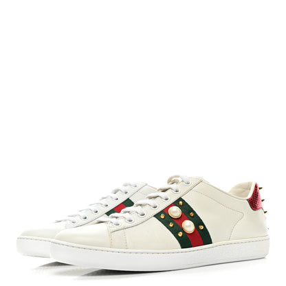 Gucci Calfskin Web Pearl Studded Womens Ace Sneakers 37.5 White 3 of 14