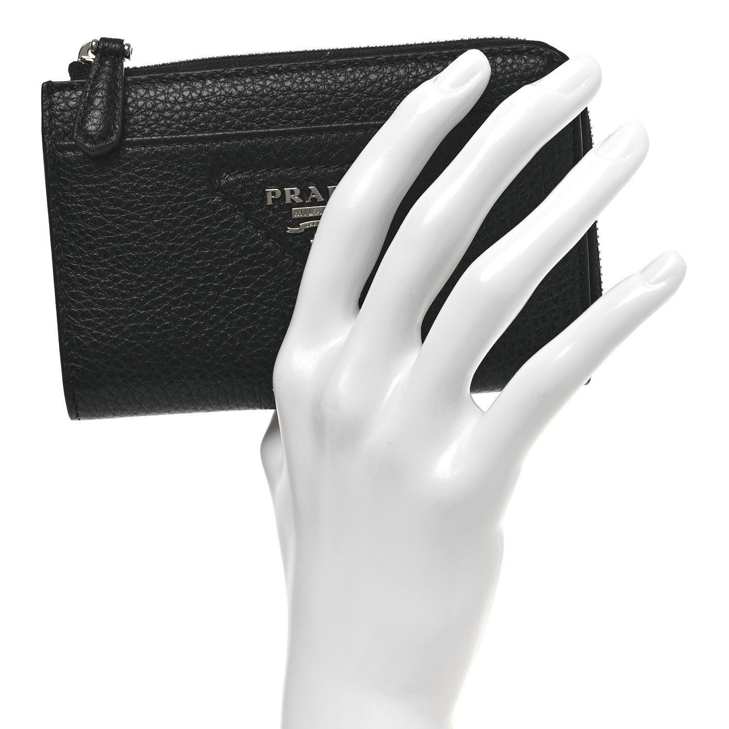 Prada Vitello Daino Stitch Triangle Zip Around Keychain Black