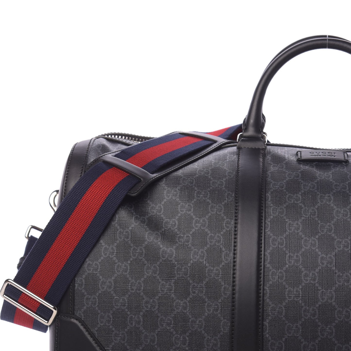 Soft GG Supreme Monogram Appia Calfskin Web Large Carry On Duffle Bag Black Grey