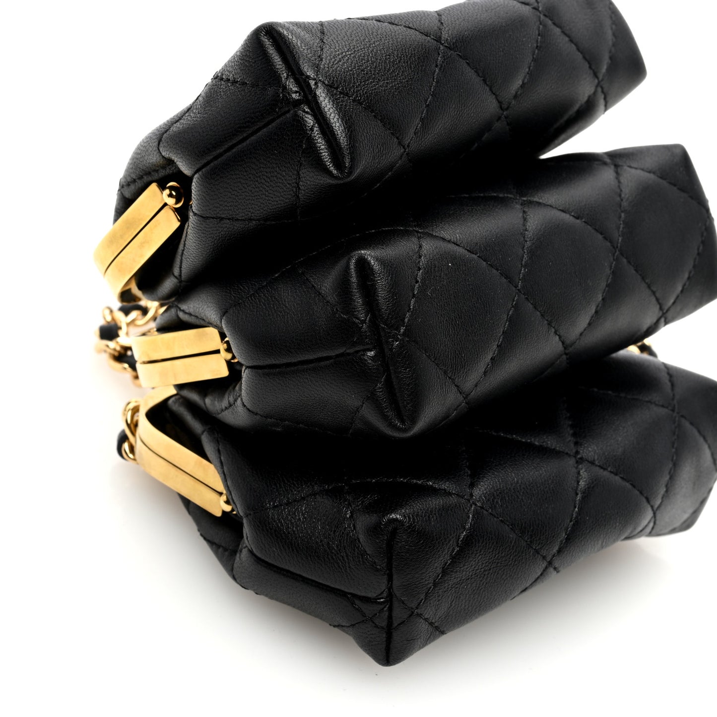 Lambskin Quilted Trio Kiss Lock Clutch With Chain Black