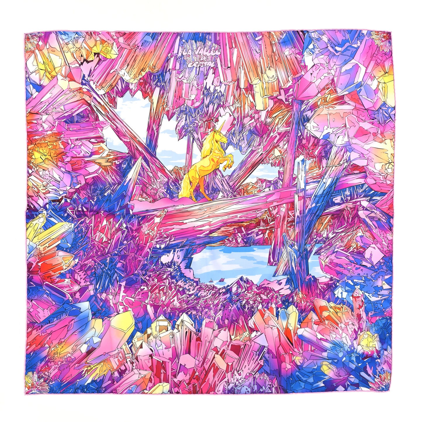 Silk Twill La Vallee De Cristal Scarf 90 Rose Bleu Jaune