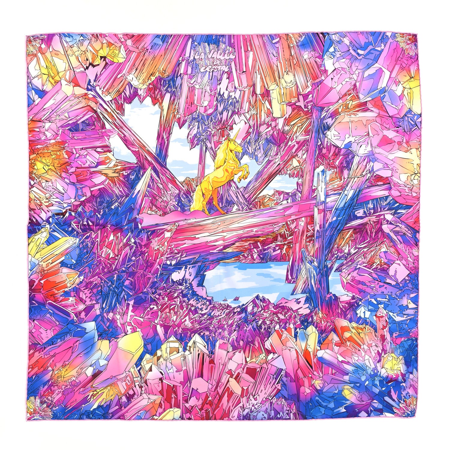 Hermes Silk Twill La Vallee De Cristal Scarf 90 Rose Bleu Jaune 1 of 5