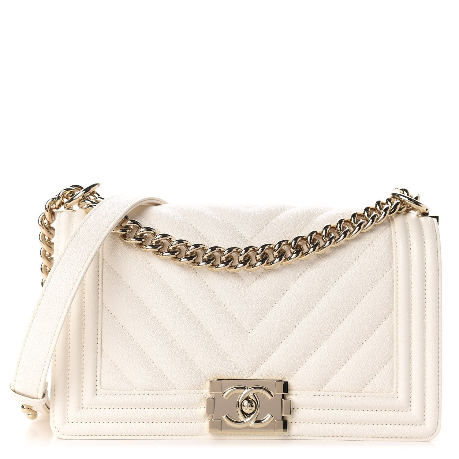 Chanel Caviar Chevron Quilted Medium Boy Flap White 1 of 11