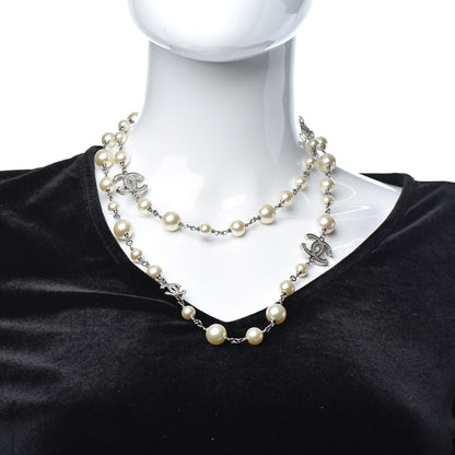 Chanel Crystal Pearl CC Long Necklace Silver 2 of 4