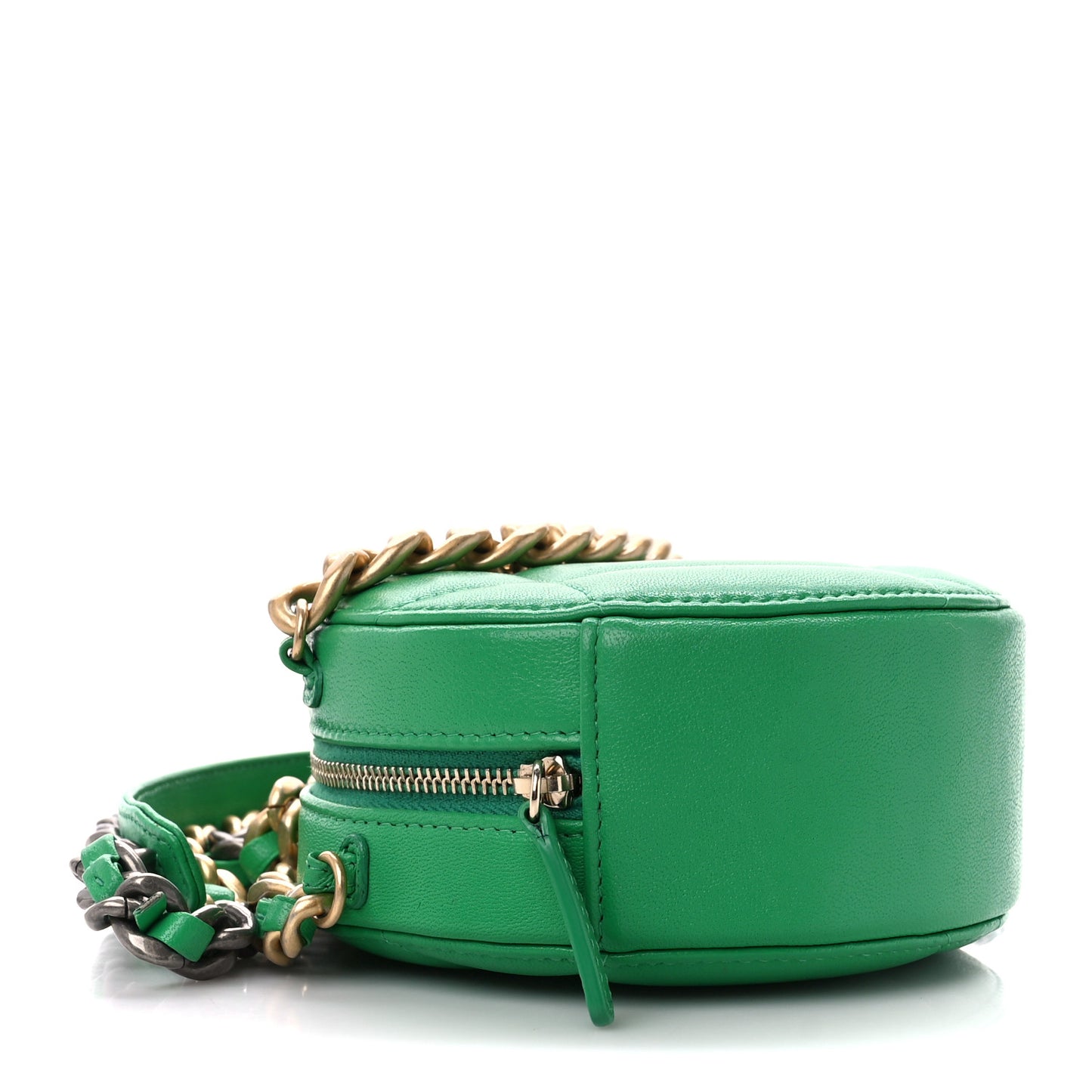 Goatskin Quilted Chanel 19 Round Clutch With Chain Green