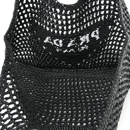 Prada Yarn Raffia Effect Crochet Logo Embroidered Shopping Tote Bag Black 5 of 9