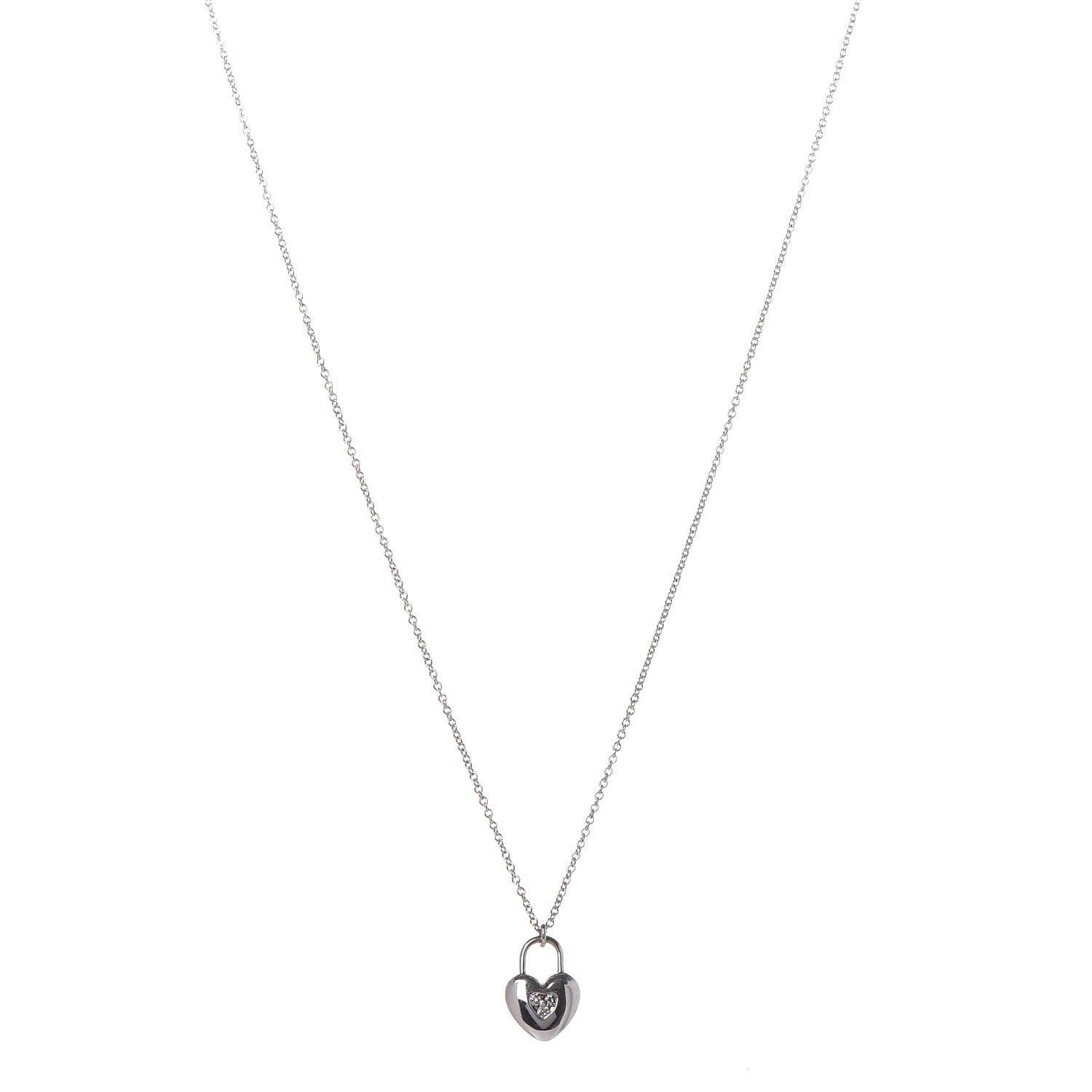 Tiffany 18K White Gold Diamond Mini Heart Lock Pendant Necklace 1 of 7