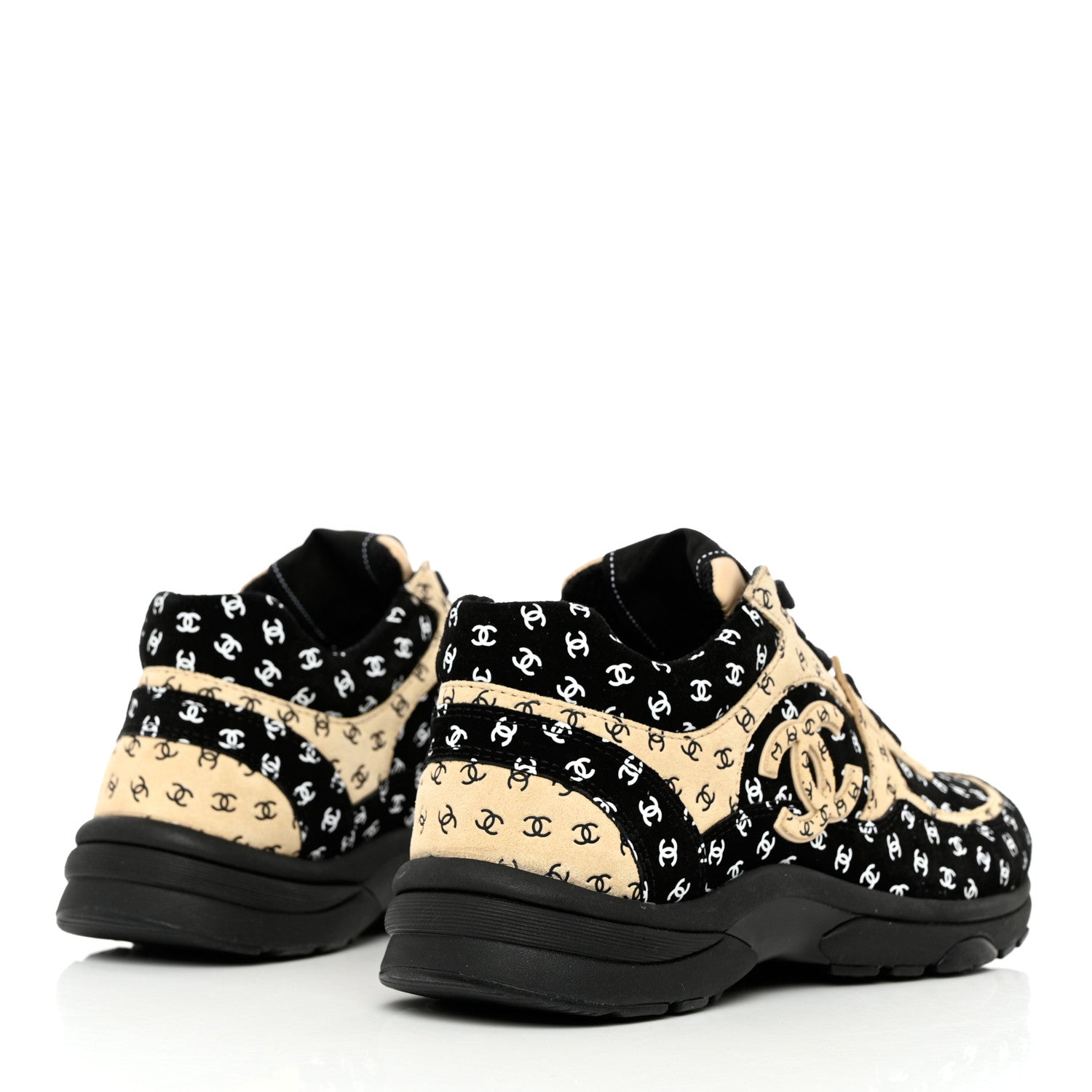 Chanel Nylon Suede Calfskin Printed CC Sneakers 37 Black Beige 4 of 9