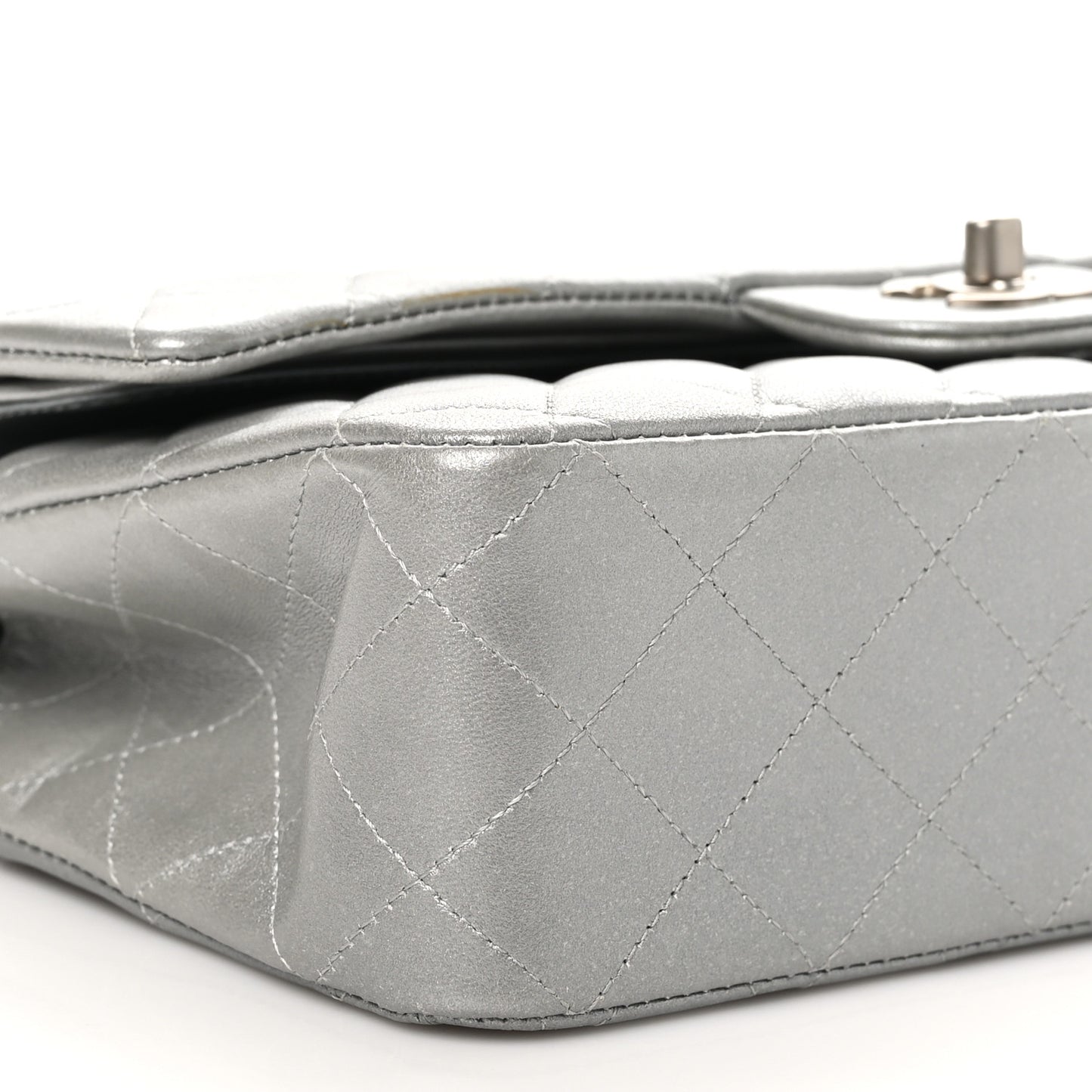 Metallic Lambskin Quilted Medium Double Flap Silver