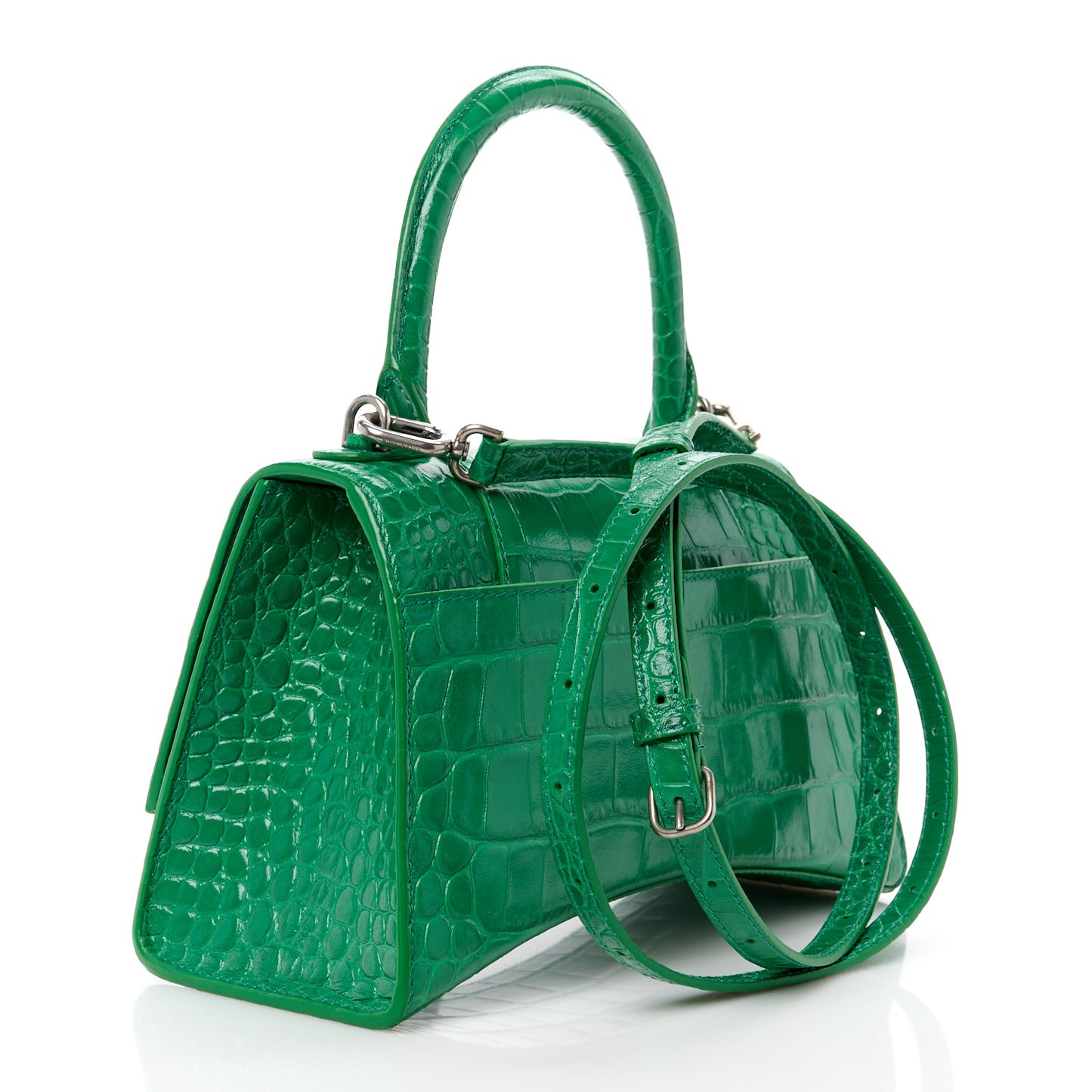 Shiny Calfskin Crocodile Embossed Small Hourglass Top Handle Bag Leaf Green