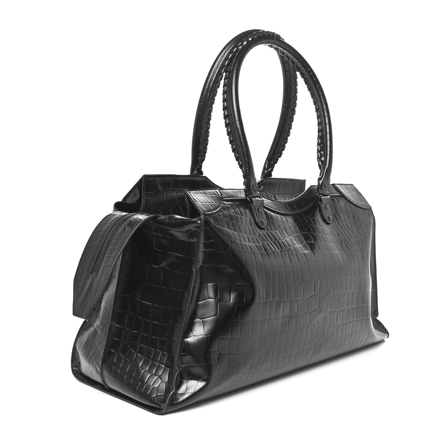 Balenciaga Semi Matte Calfskin Crocodile Embossed Neo Classic Black Hardware Large Top Handle Bag Black 3 of 10