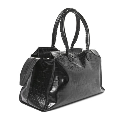 Balenciaga Semi Matte Calfskin Crocodile Embossed Neo Classic Black Hardware Large Top Handle Bag Black 3 of 10