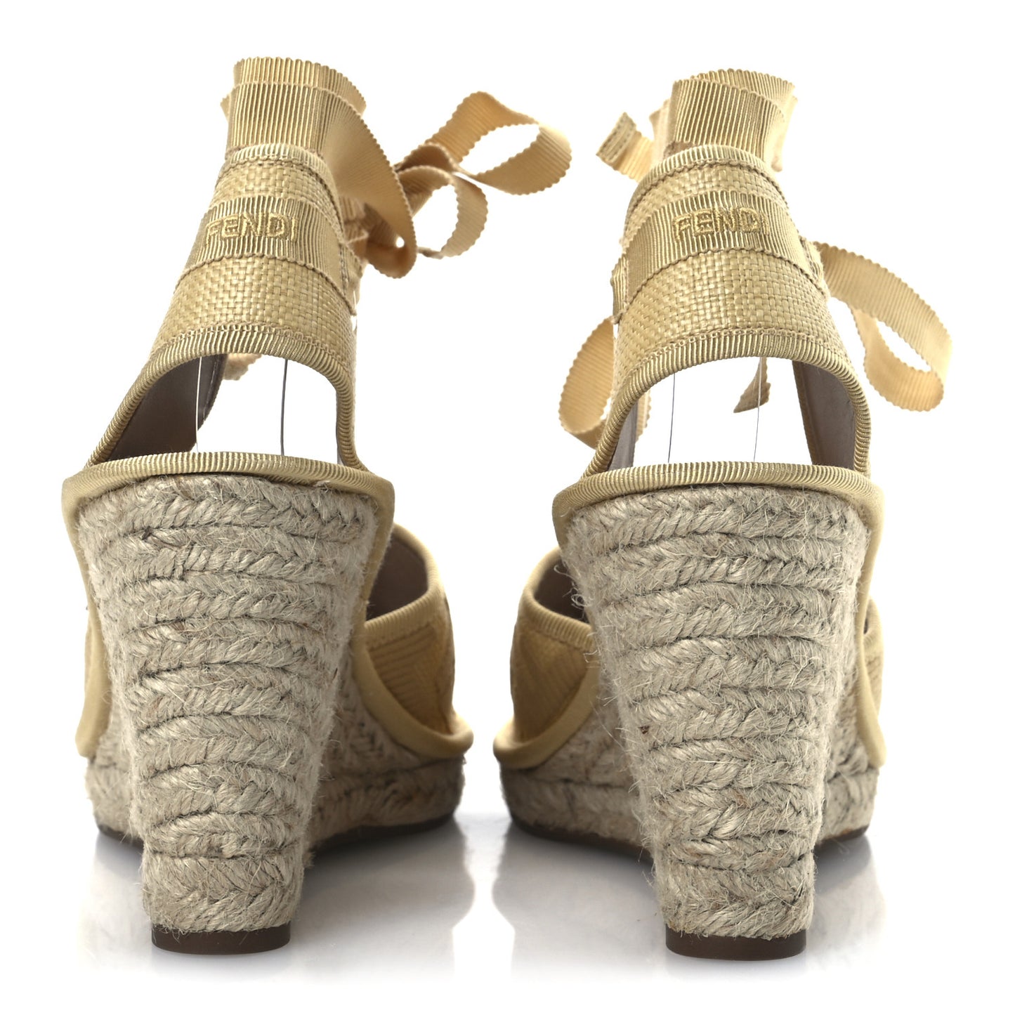 Canvas FF Embroidered Roma Ankle Wrap Wedge Espadrilles 40 Natural