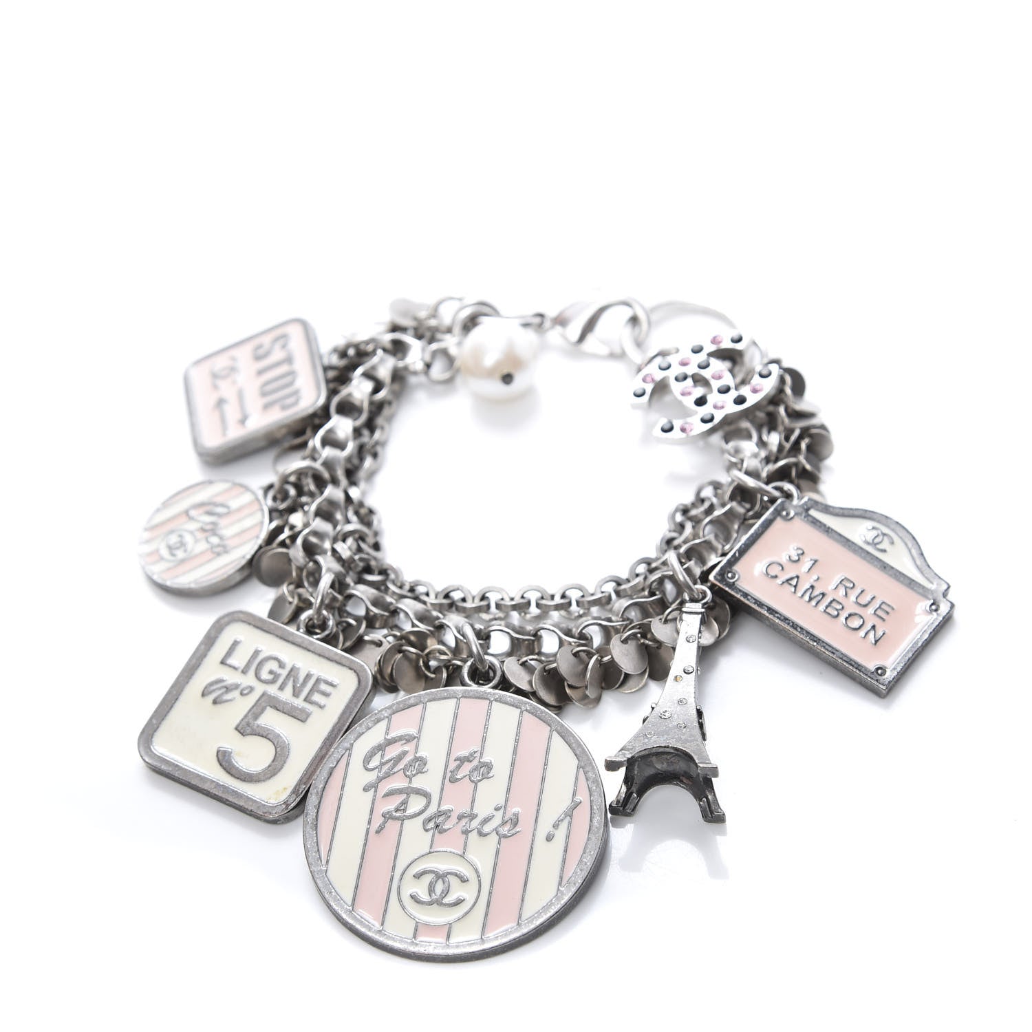 Chanel Enamel Crystal Pearl Paris Souvenirs Charm Bracelet Silver Rose White 1 of 4