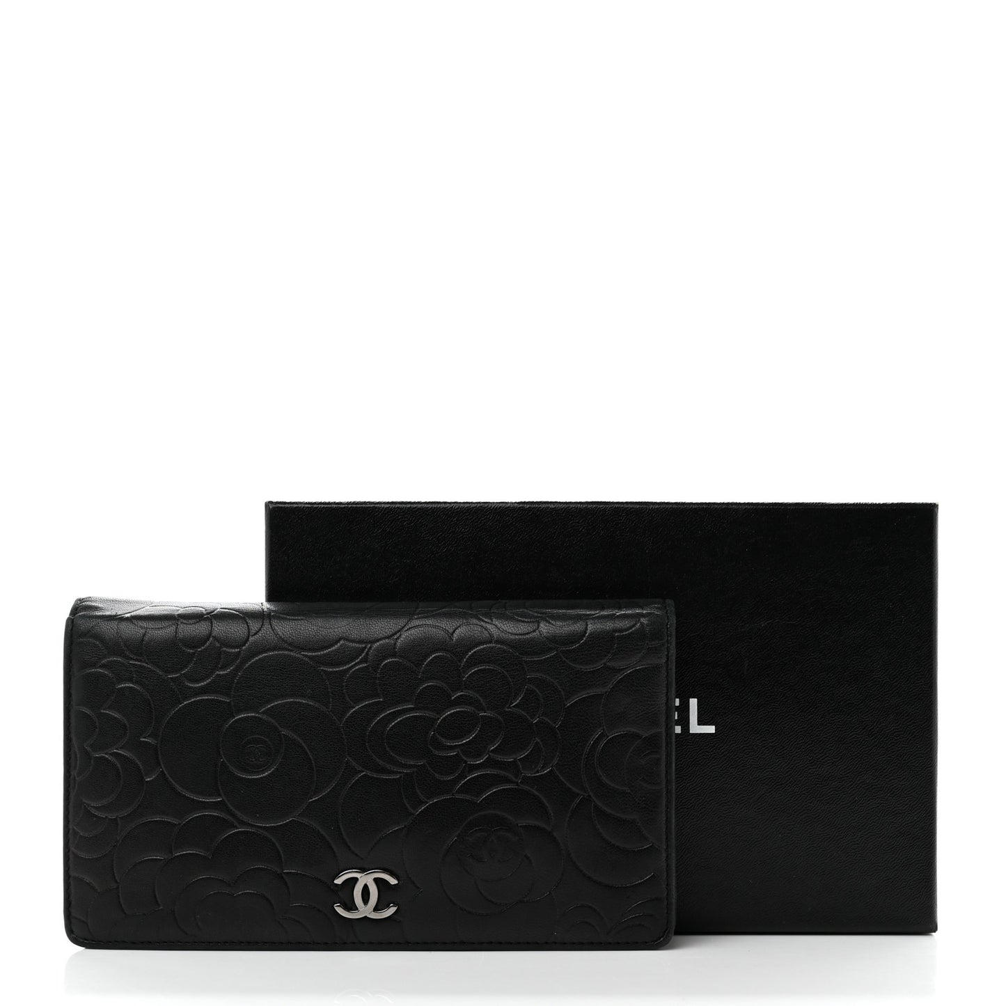 Lambskin Camellia Embossed Yen Wallet Black