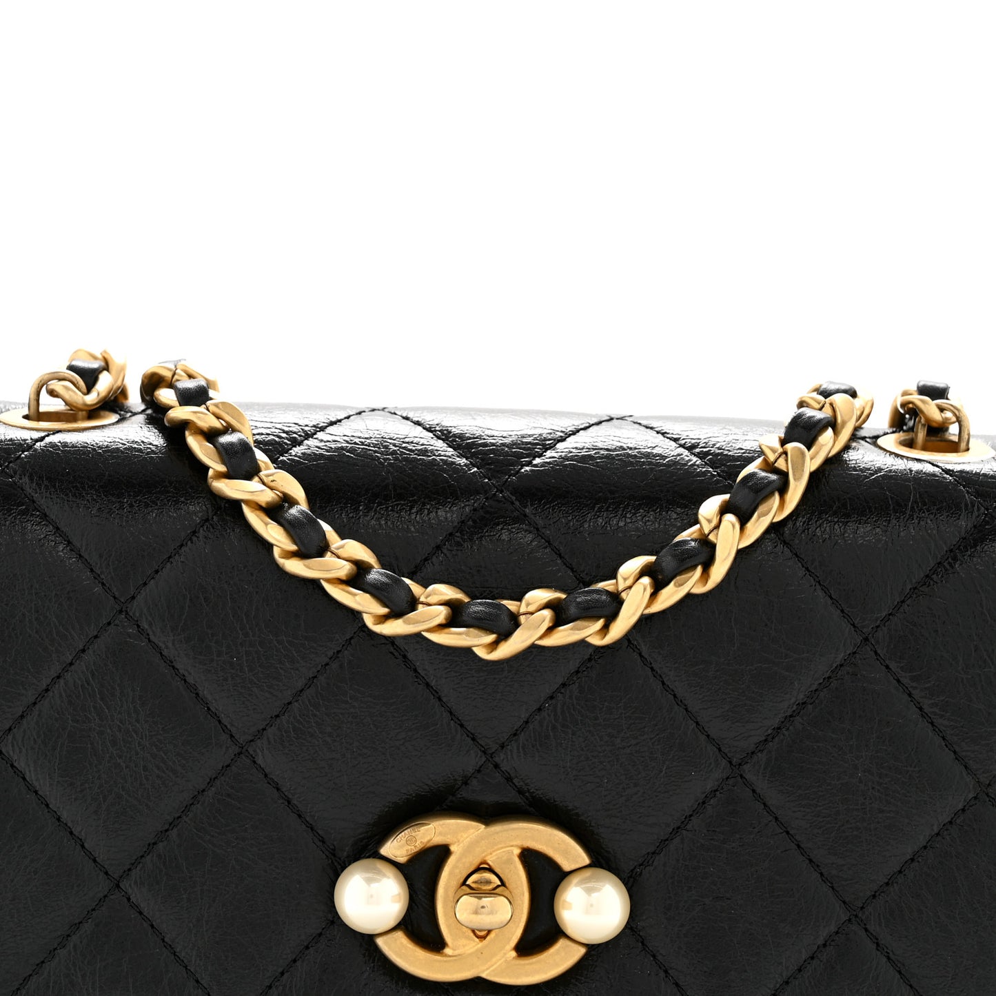 Glazed Calfskin Quilted Mini Pearl Side Flap Black