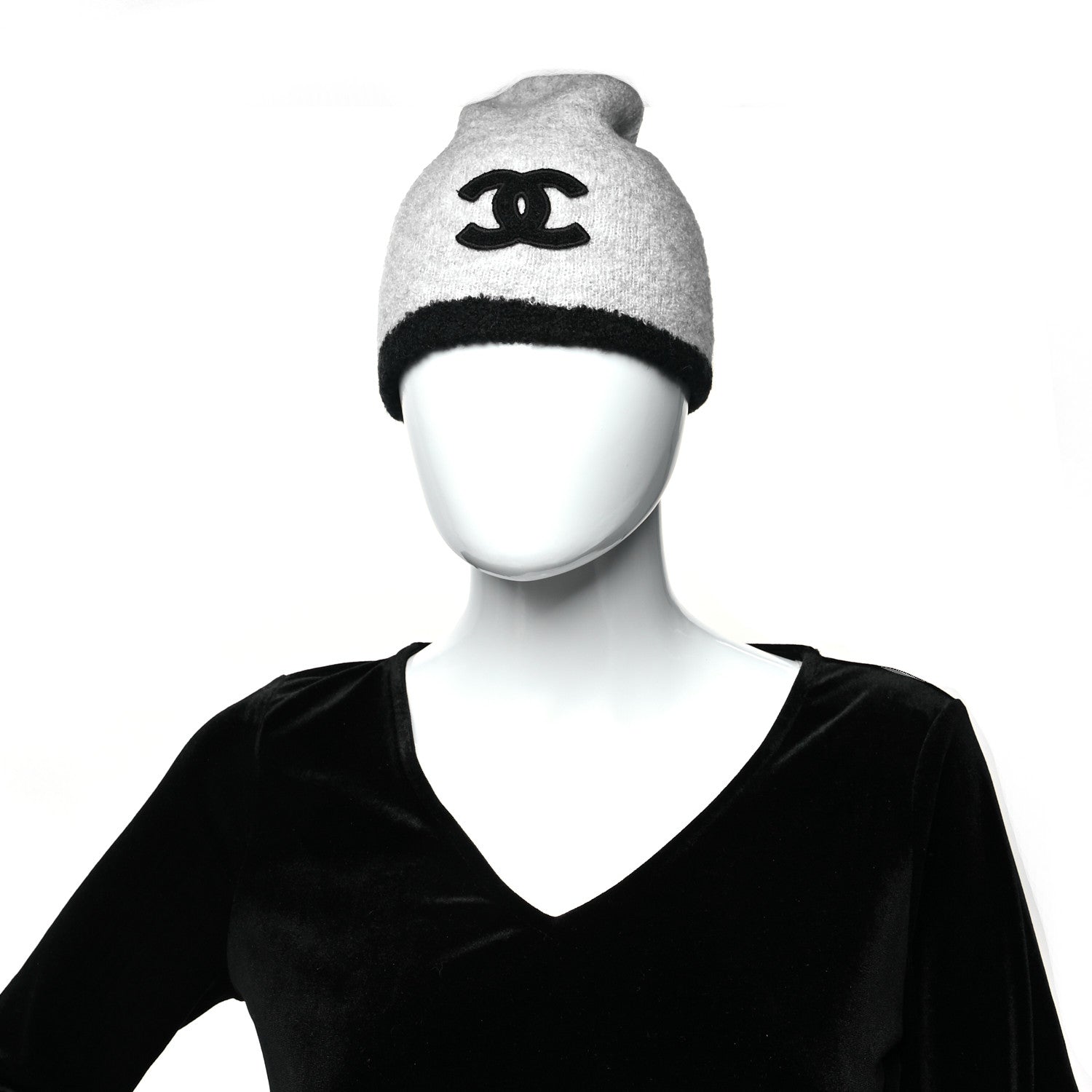 Chanel Cashmere Silk CC Beanie Hat Grey Black 2 of 5