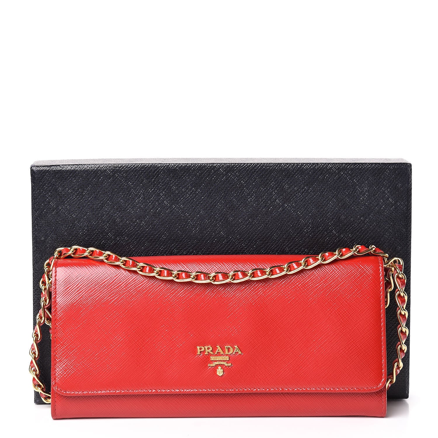 Prada Saffiano Vernice Metal Oro Chain Wallet Rosso 13 of 13