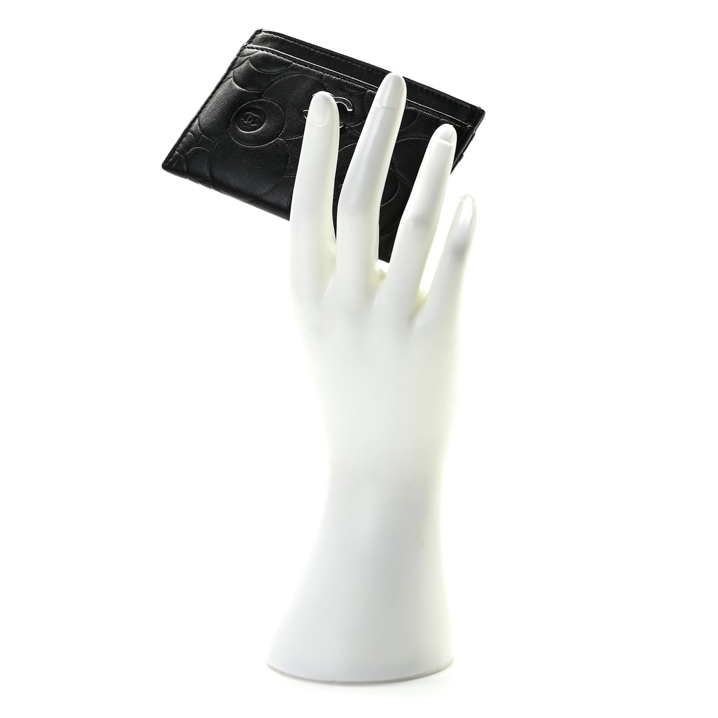 Lambskin Camellia Stitched Card Holder Black