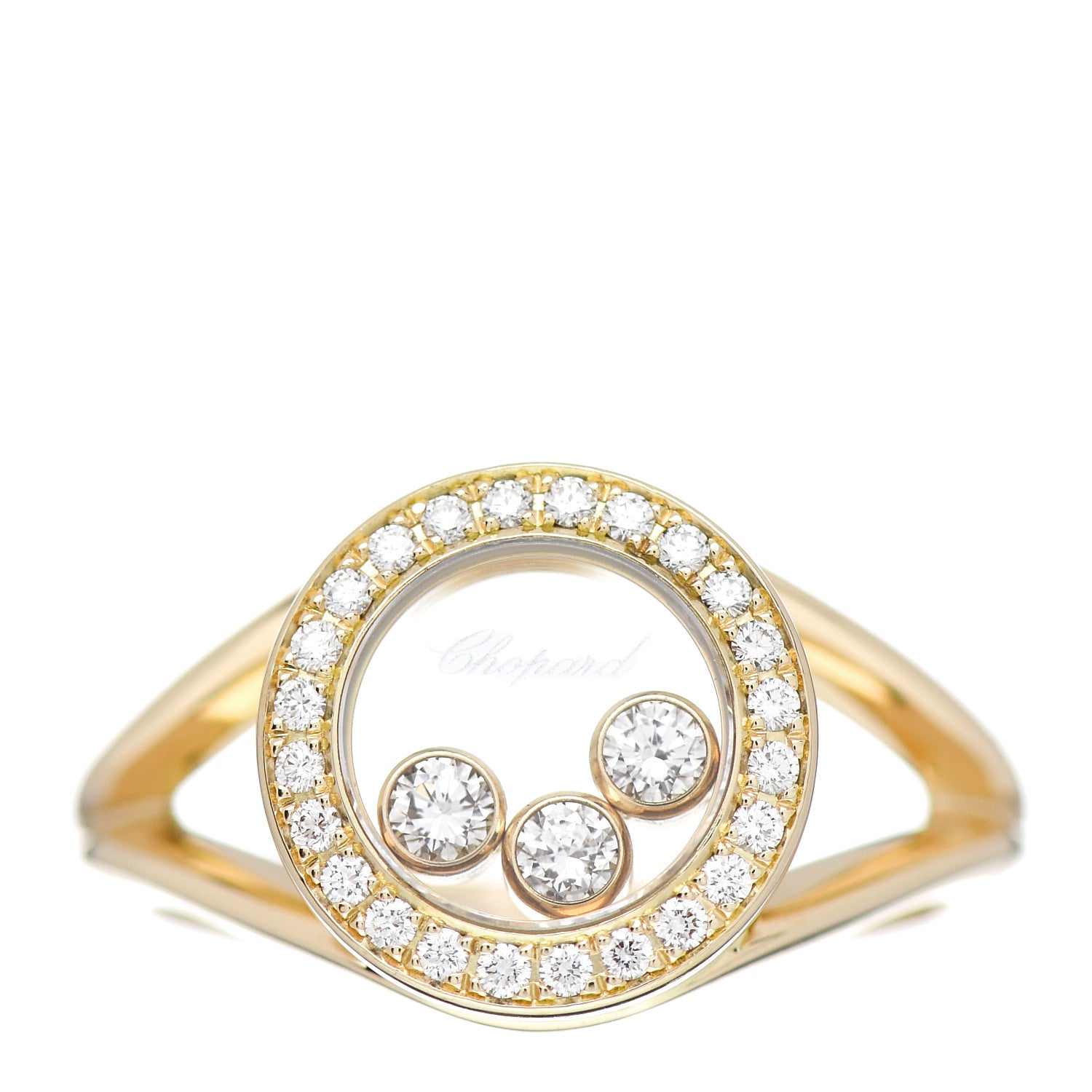 Chopard 18K Yellow Gold Diamond 3 Happy Diamonds Circle Ring 53 6.25 1 of 5