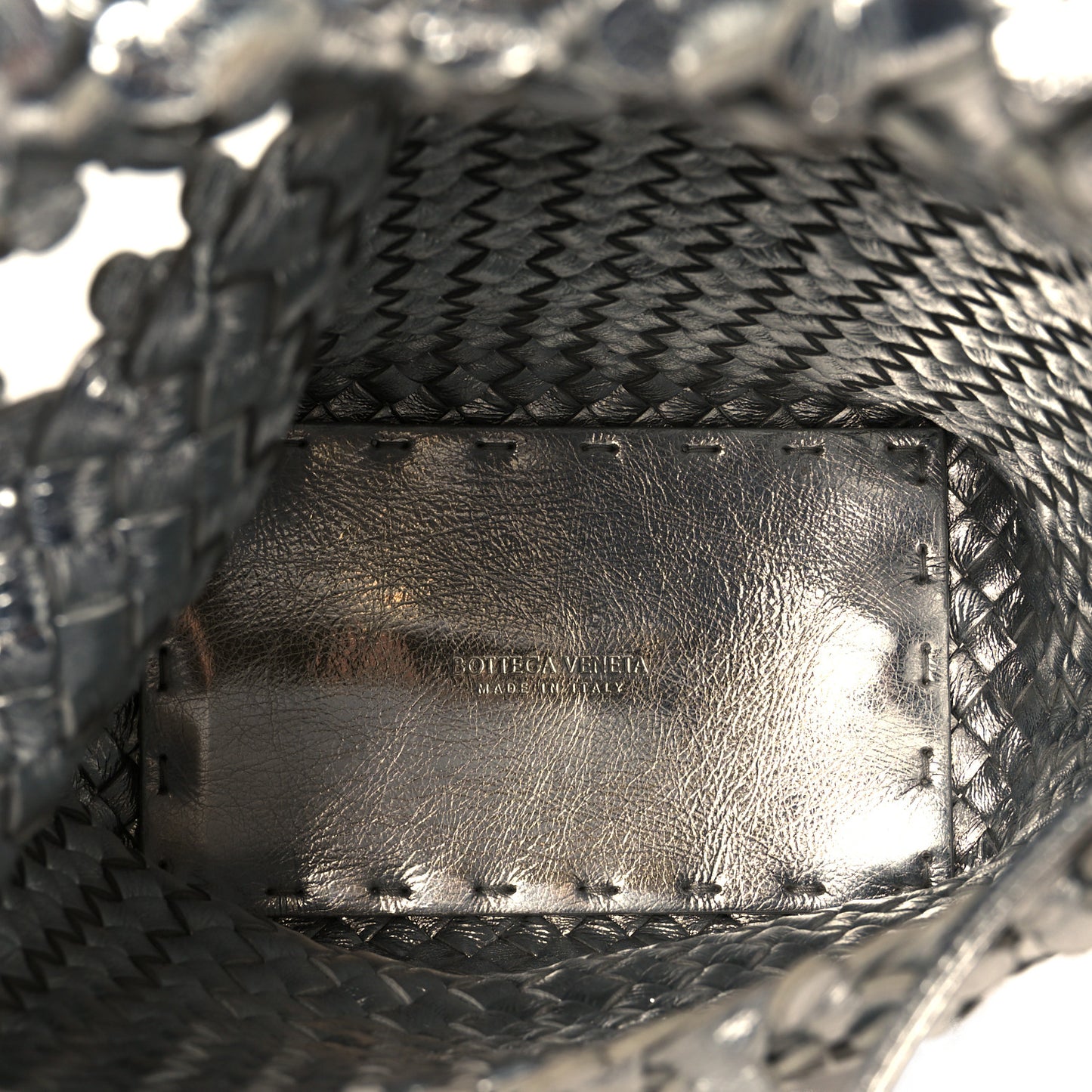 Laminated Nappa Intreccio Paillettes Small Cabat Bucket Silver