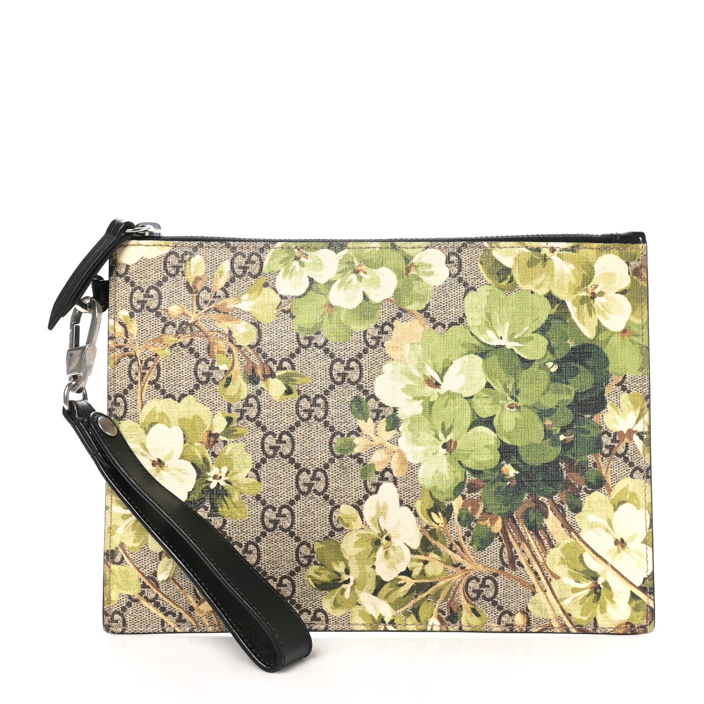 GG Supreme Monogram Blooms Small Zip Wristlet Pouch Beige New Military Black