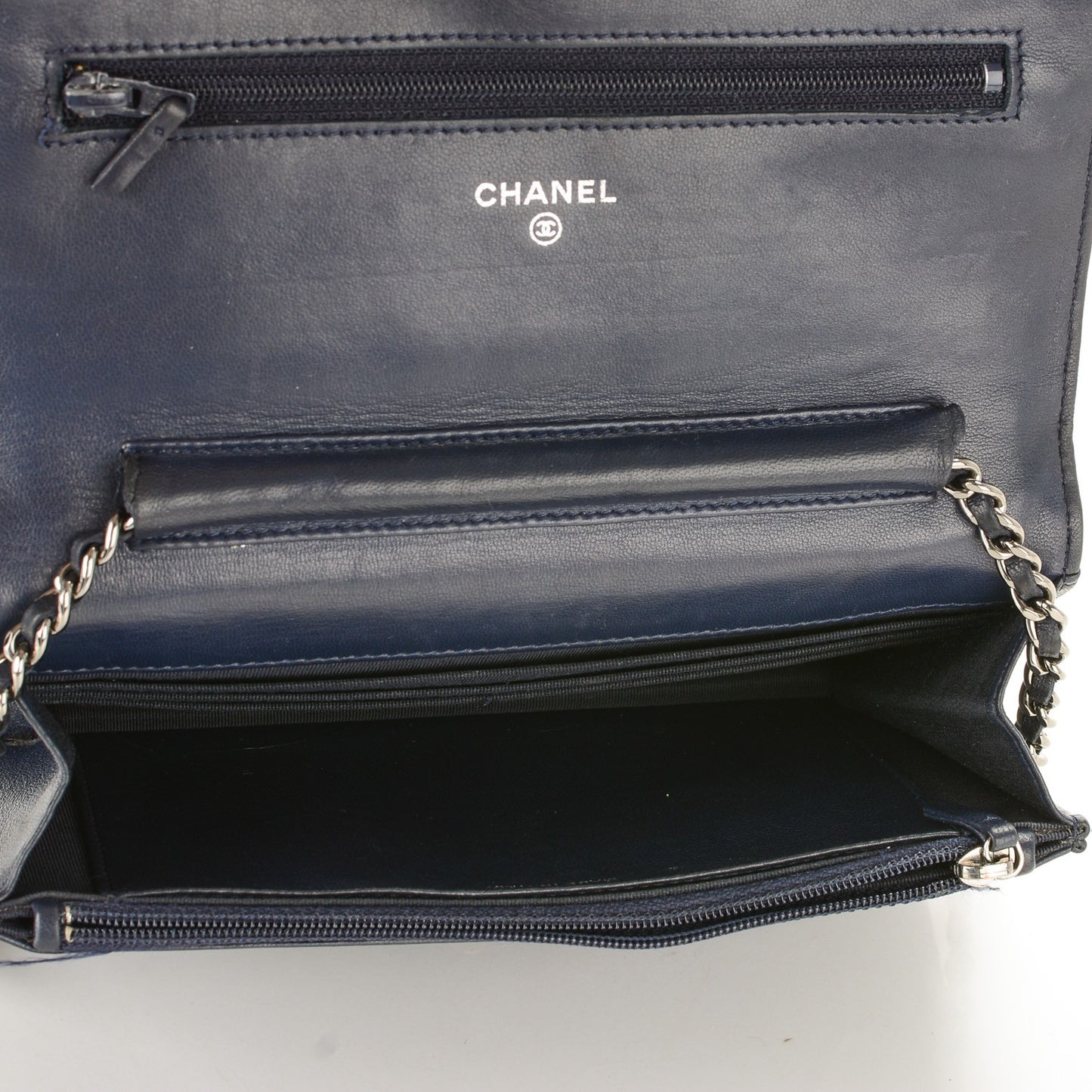 Lambskin Quilted Wallet On Chain WOC Navy Blue