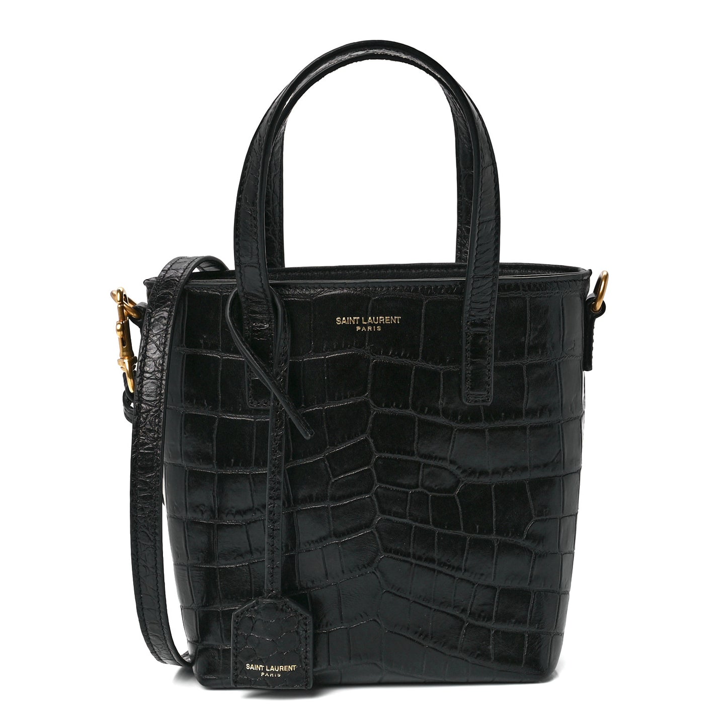Calfskin Crocodile Embossed Paris Mini Toy Shopper Tote Black