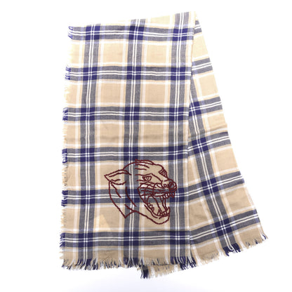 Gucci Wool Tiger Embroidered Plaid Scarf Beige Navy 2 of 4