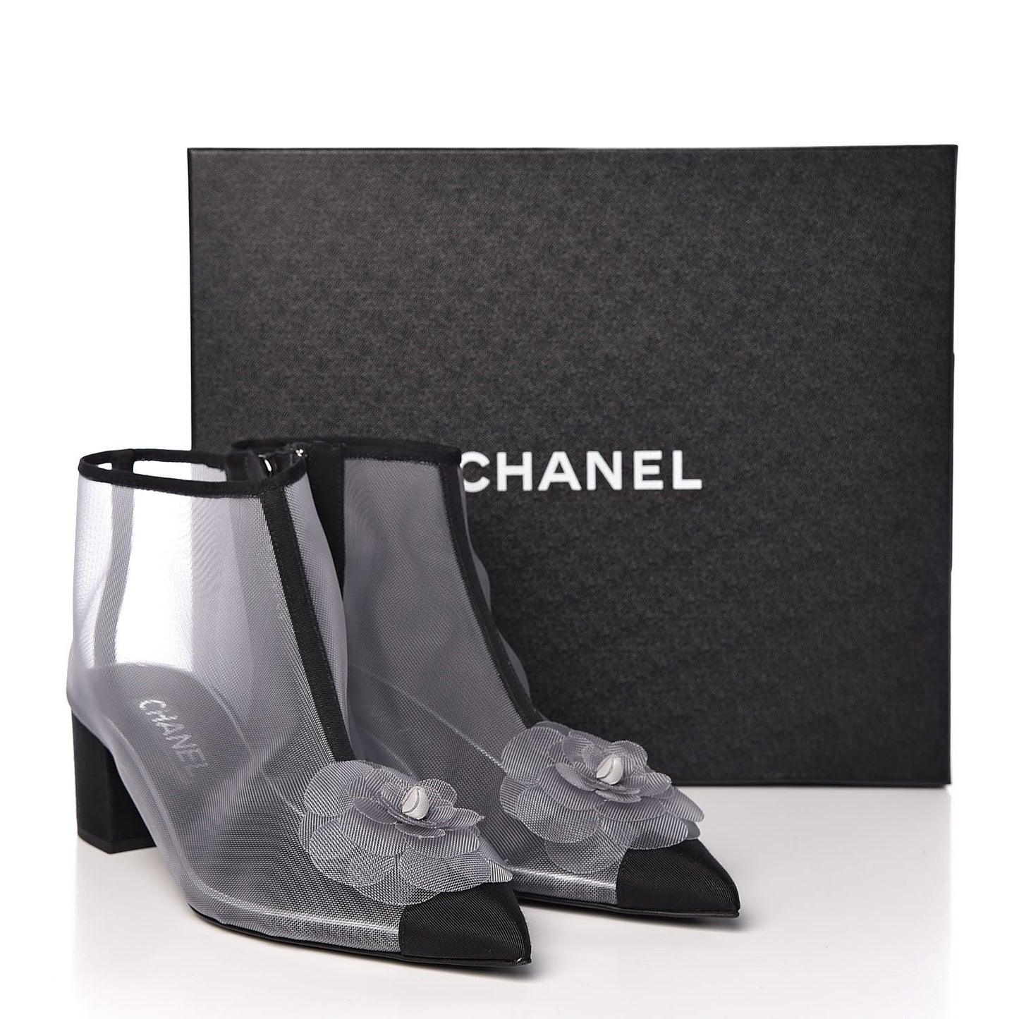 Mesh Grosgrain Camellia Short Boots 39 Grey Black