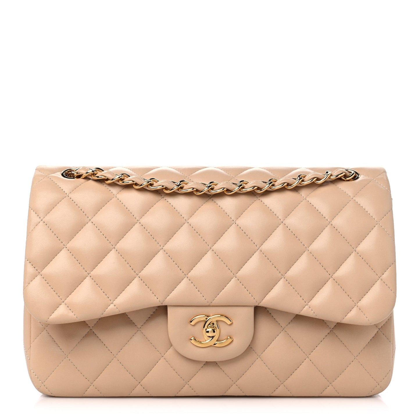 Lambskin Quilted Jumbo Double Flap Beige