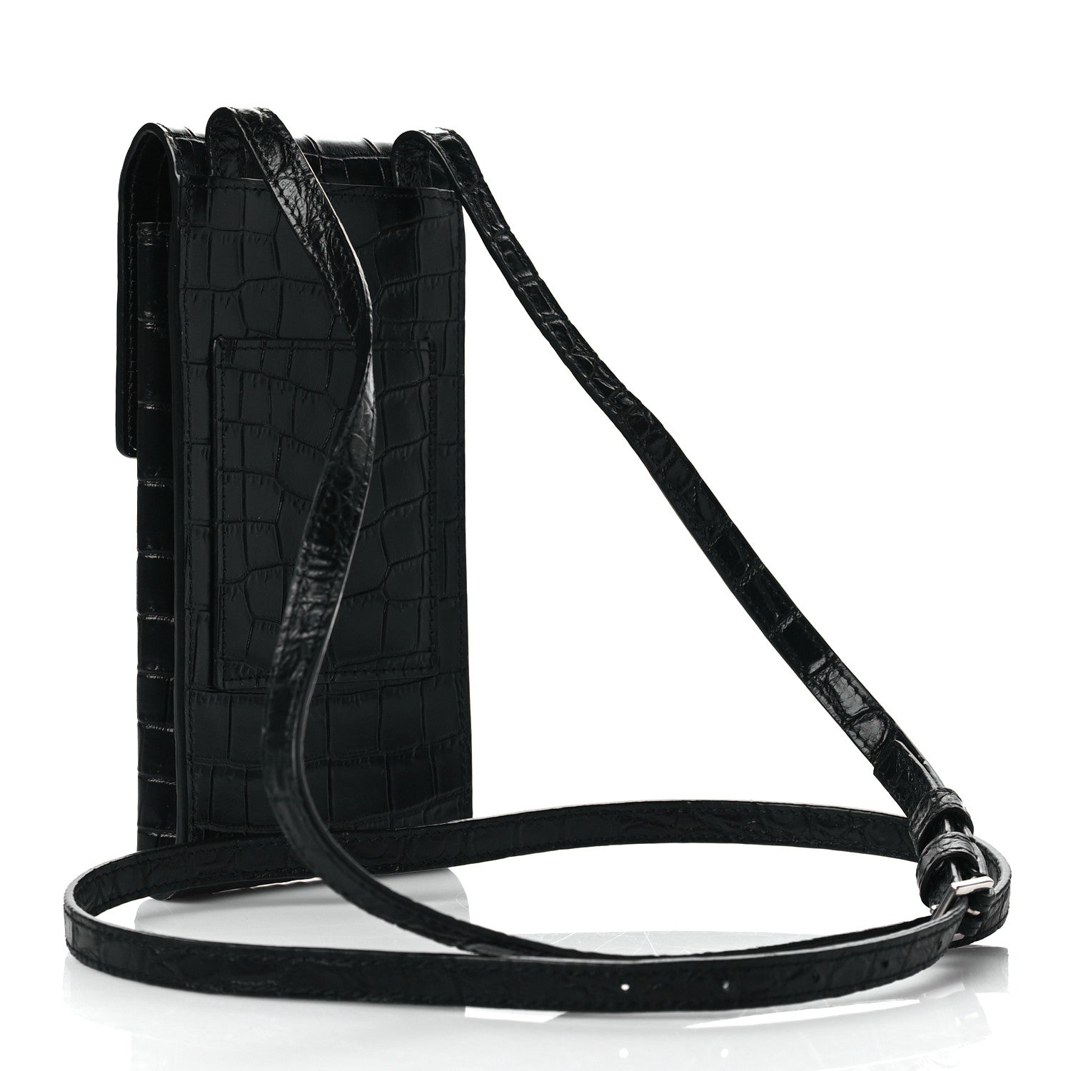 Saint Laurent Calfskin Crocodile Embossed Phone Holder Crossbody Black 3 of 9