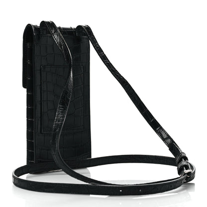 Saint Laurent Calfskin Crocodile Embossed Phone Holder Crossbody Black 3 of 9