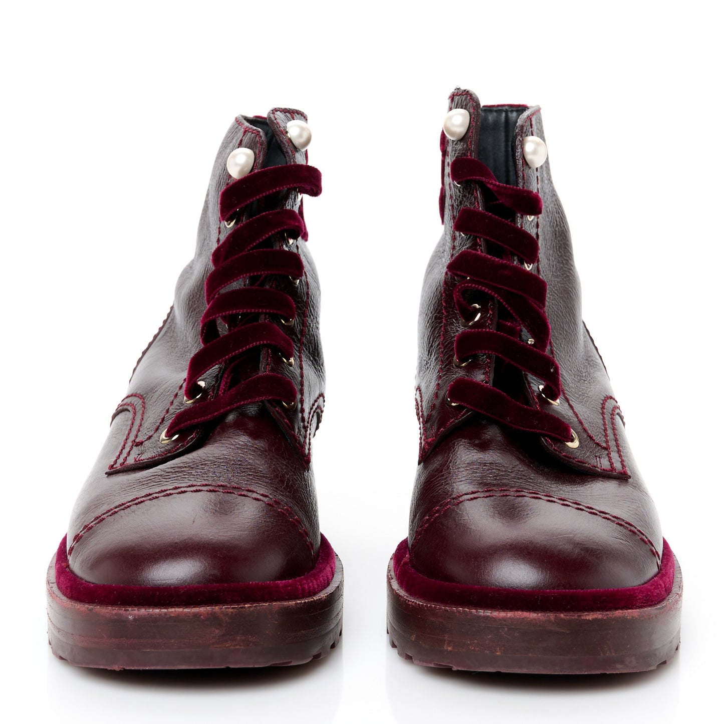 Shiny Calfskin Velvet Pearl Combat Short Boots 39 Burgundy