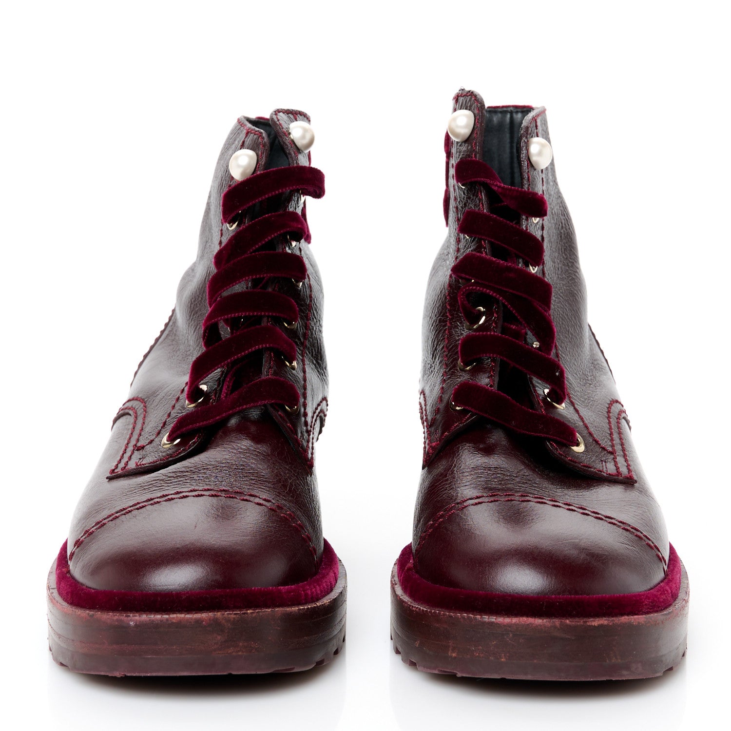 Chanel Shiny Calfskin Velvet Pearl Combat Short Boots 39 Burgundy 3 of 9